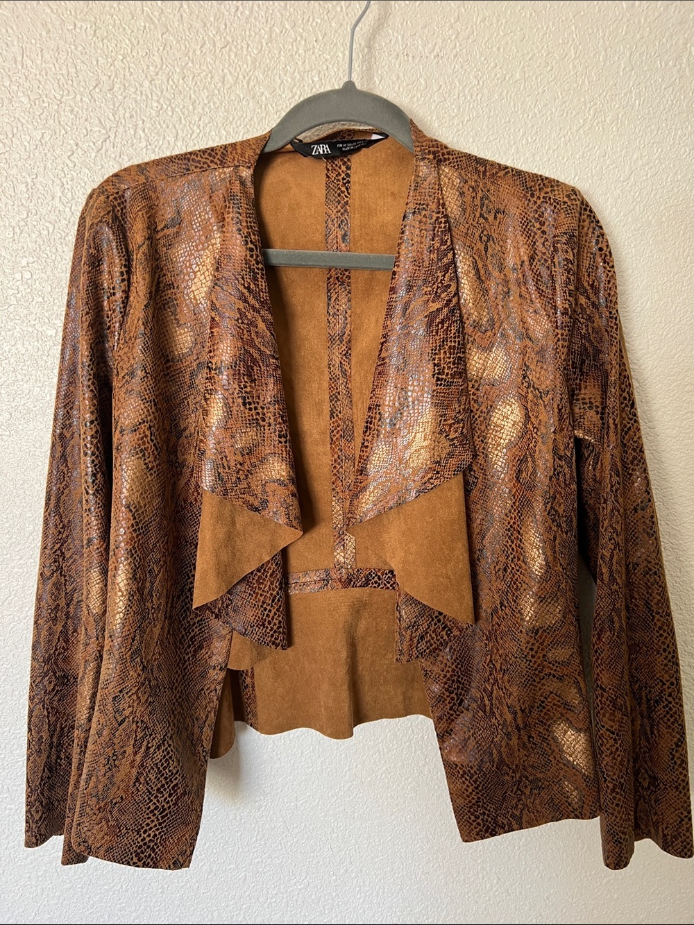 ZARA Brown Snake-Print Faux Suede Open Front Jacket Medium - Picture 6 of 6